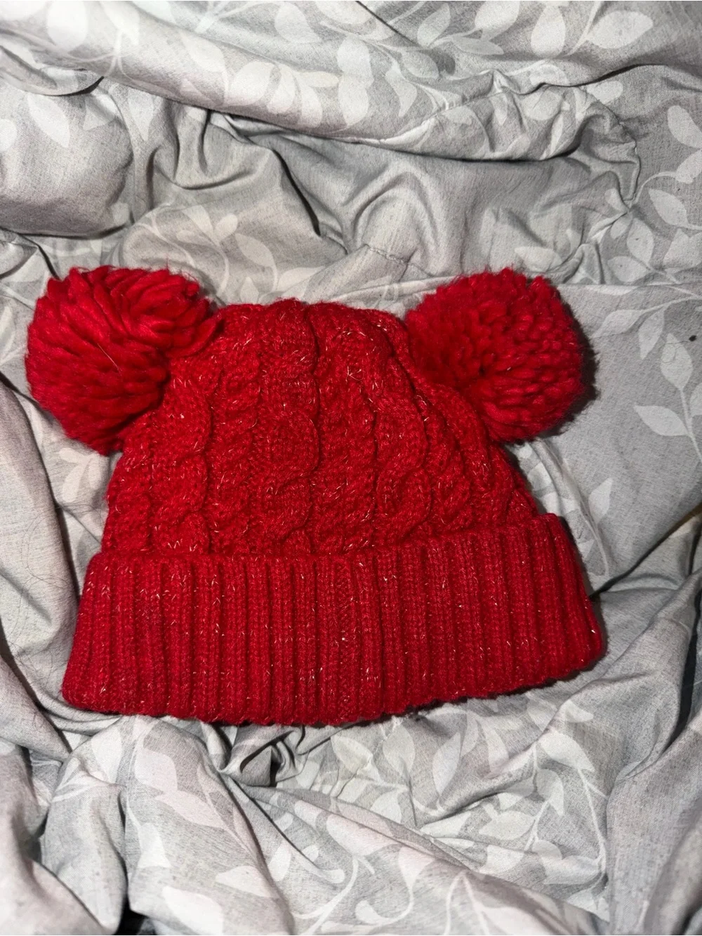 Kids Red Double Pom Pom Cable Knit Beanie